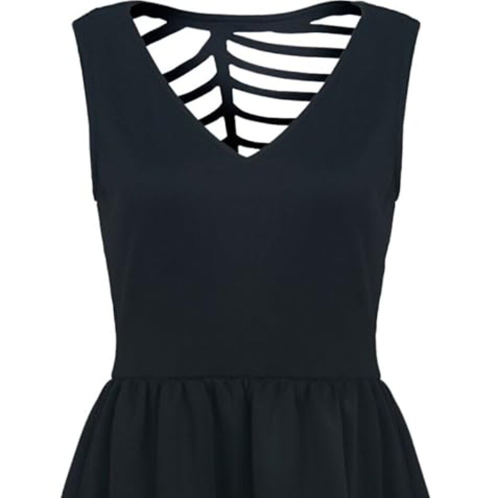 PERSUN Women's Black Skater Dress V-Neck Caged Back Sleeveless, Small